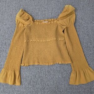 Cinq à Sept 100% Silk Smocked Puff Sleeve Top Mustard Ruffle Peplum Blouse M